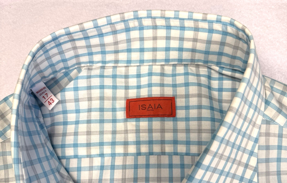Isaia Napoli Men's Dress Shirt 17/43 Blue Gray Gingham Check Cotton Italy Luxury